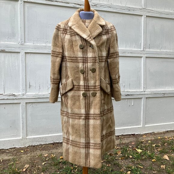 Lynn Pynn Pure Wool Long Winter Coat Vintage 60s Made in Canada Beige Plaid - Picture 1 of 16
